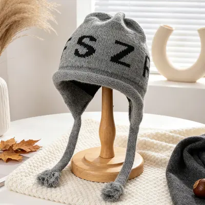 Letter-Design Knit Hat for Women, Windproof with Tassel and Ear Protection - 8