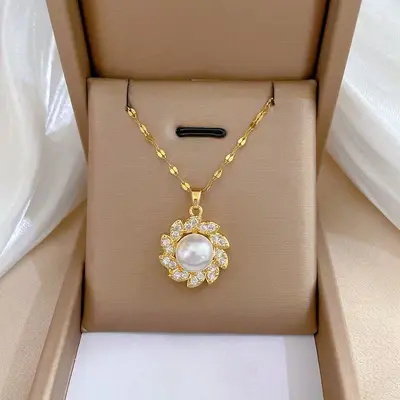 跨境饰品套装珍珠花朵项链时尚潮流不掉色锁骨链耳环戒指三件套女 - 7