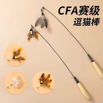 CFA yarış sınıfı kedi oyun çubuğu, ahşap saplı, tüylü çanlı, değiştirilebilir uçlu