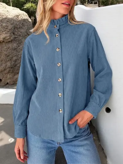 Damen-Cordhemd-Jacke in Uni mit Volantkragen - 9
