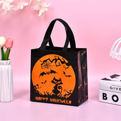 Halloween Non-Woven Shopping Bag, Pumpkin and Bat Design Kids Candy Gift Tote Bag