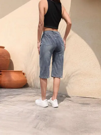 Women's High-Waist Elastic Denim Mid-Length Pants, Breathable