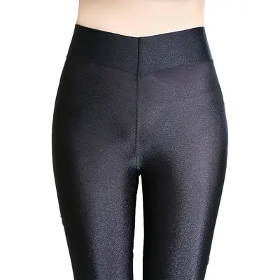 High-Waisted Glossy Thin Leggings for Women, Black, Stretchy, Plus Size