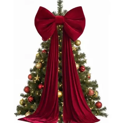 Oversized Red Velvet Christmas Tree Bow with Trailing Tail, Party Decor