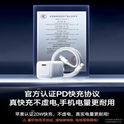 20W Gallium Nitride Charger with Dual Type-C Cable, 3C Certified