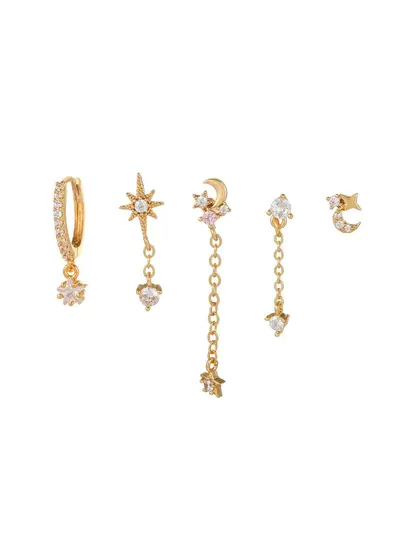 Star and Moon Chain Tassel Earring Set, Hexagonal Zircon - 11