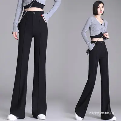 加绒加厚黑色微喇裤女2026秋冬新款高腰修身显瘦弹力休闲西装长裤