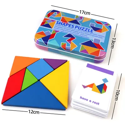Ahşap metal kutulu tangram yapboz, manyetik eğitici yapboz, anaokulu ve ilkokul - 7