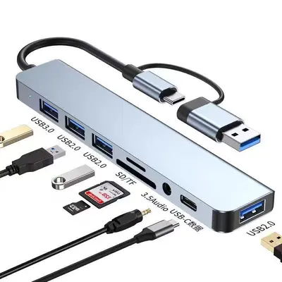 Cross-border USB 3.0 HUB dual-end 8-in-1 multifunctional card reader type docking station hub splitter