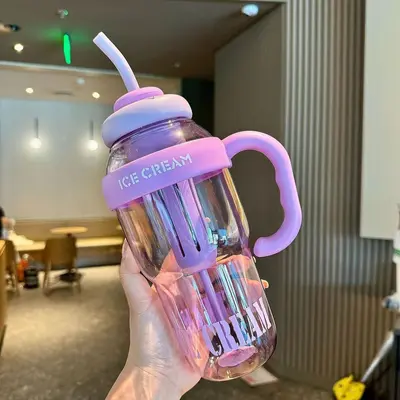 Stylish, high-capacity sports and fitness water bottle, summer plastic cup, frosted cup, lucky belly cup with straw.