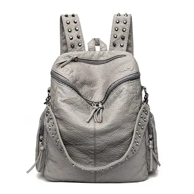 Rivet Washed Leather Backpack Large Capacity Multi-Pocket - 8