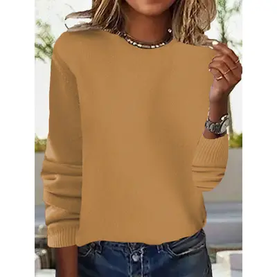 Women's Round Neck Long Sleeve Thin Knit Sweater, Solid Color - 12