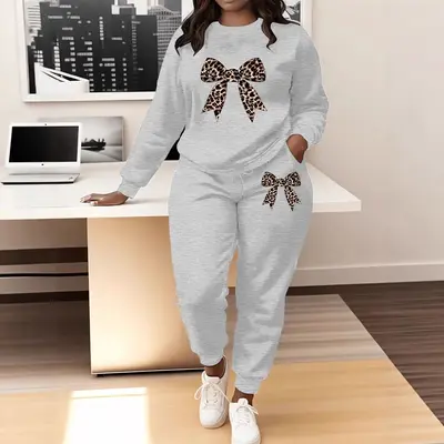 Women's Leopard Print Bow Long Sleeve Round Neck Sweatshirt Set - 2