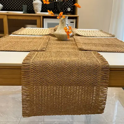 Jute Table Runner, Mixed Colour Woven Retro Table Cover, Decorative Long Towel with Tassel - 7