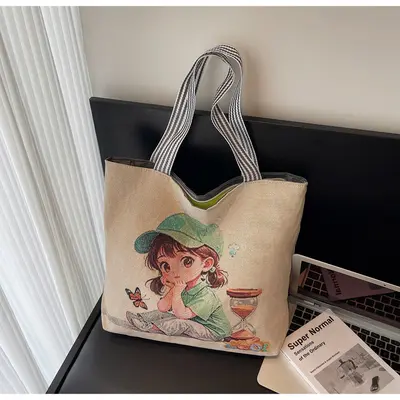 Large Printed Canvas Tote Bag with Single Shoulder Strap for School and Daily Use - 8