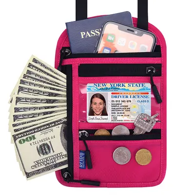 RFID neck wallet for travel documents and passport