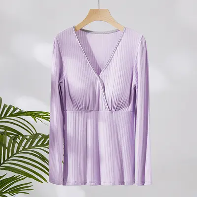 Long Sleeve Cross-Front Nursing Top, Postpartum Home Wear - 10