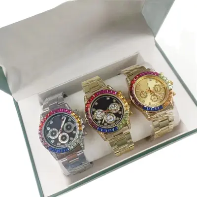 Rainbow men's quartz watch, steel band, diamond bezel