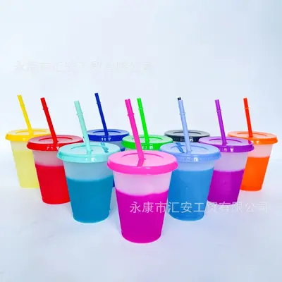 16OZ (475 ml) sıcaklıkla renk değiştiren PP plastik pipetli bardak seti, 10 adet