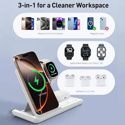 3-in-1 Foldable Wireless Charger for iPhone and Watch, 15W