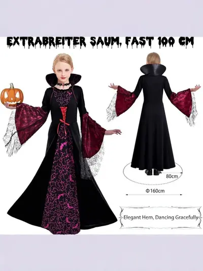 Children's Halloween Witch Costume, Long-Sleeve, Medieval Retro Printed Dress