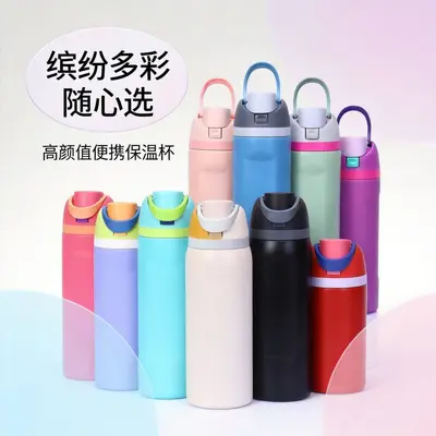 Bunte Thermosflasche aus 304er Edelstahl, tragbar mit Griff und Springdeckel