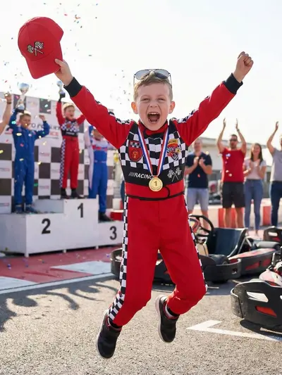 Children's red and black one-piece racing suit for parties and performances