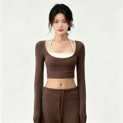 Damen-Yogahose mit weitem Bein und Langarm-Sportset - 3