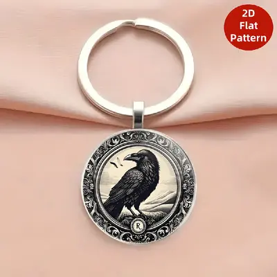 Gothic Dark Crow Pattern Alloy Round Keychain Pendant - 8
