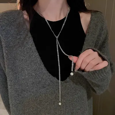 Perlenkette S925 Sterlingsilber verlängerbar Pullover Kette - 13