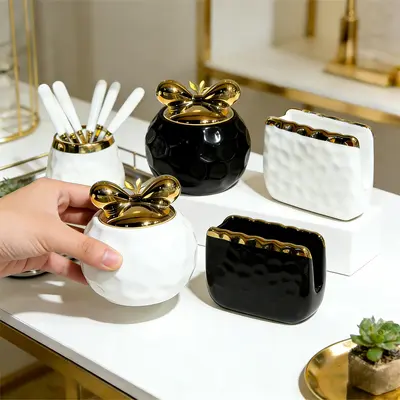 Nordic ceramic tabletop tissue box and storage jar set, 3-piece - 3