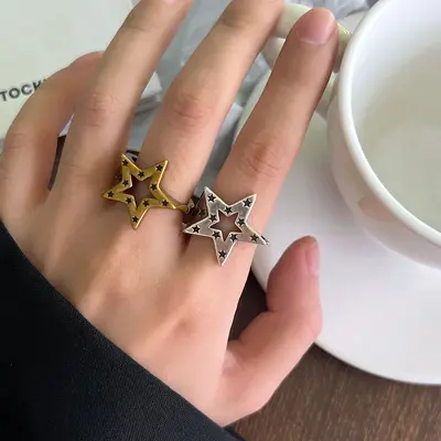 Five-pointed star 925 silver ring, hip-hop design