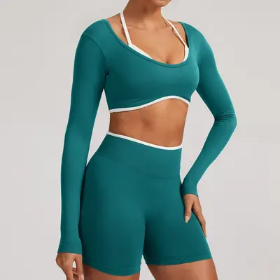 Dikişsiz sahte iki parça kadın spor üstü, uzun kollu, koşu ve fitness - 8