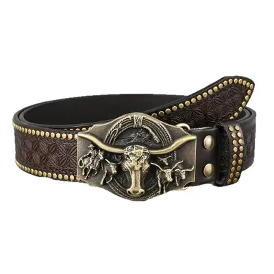 Western cowboy belt, youth punk style embossed men's studded leather belt, wholesale ethnic style belt in stock.