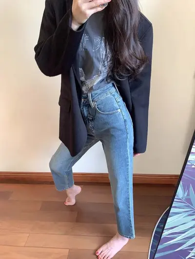 Vintage-blaue Straight-Leg-Jeans für Damen, Frühjahr 2026 Neuheit, Baggy-Hose im Zigarettenschnitt für kleine Damen