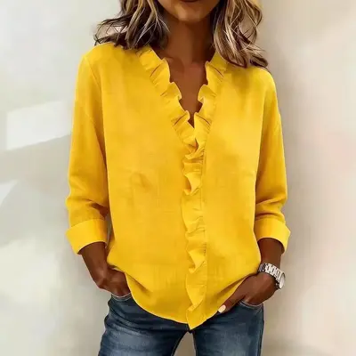 Kadın Fırfırlı Uzun Kollu Pamuklu Gömlek, Bahar Modeli