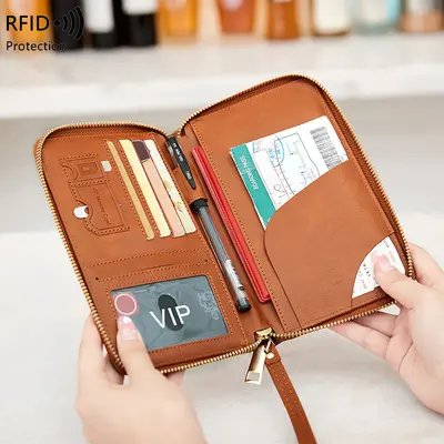 RFID Protected Long Passport Wallet with Zipper, Ticket and Document Bag