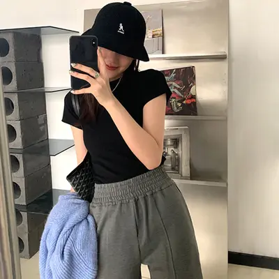 Solid Color Slim-Fit Short Sleeve T-Shirt for Women - 7