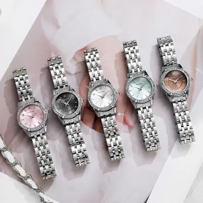 Women's quartz watch, steel band, crushed ice blue rhinestone