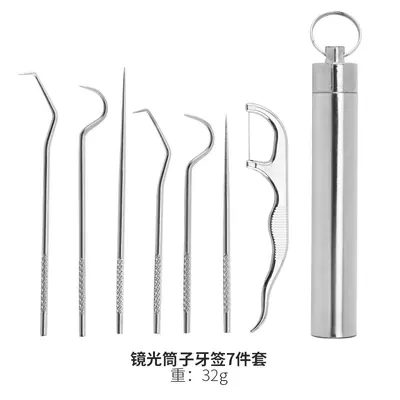 跨境不锈钢牙签清洁套装牙线金属剔牙便携收纳筒口腔牙齿工具齿间