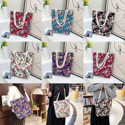 Printed Canvas Shoulder Bag, Floral Pattern, Large Capacity Tote Bag - 13