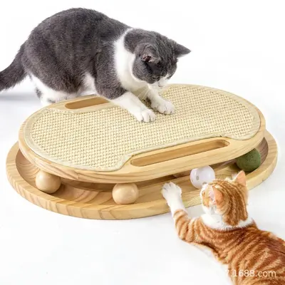Wooden Cat Scratching Board with Ball Track Toy, Indoor Sisal Scratching Pad