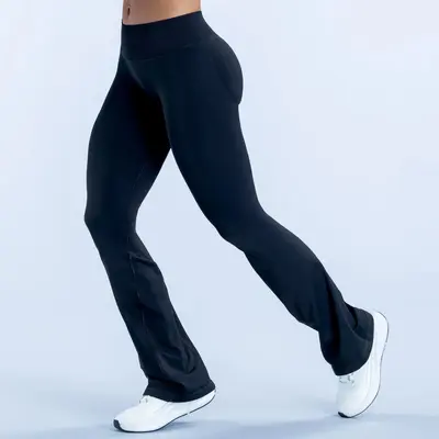 Mikro Bol Paça Yoga Pantolonu, Dikişsiz, Orta Bel, Tam Mat Kumaş