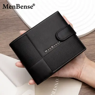 Men's Buckle Horizontal Short Wallet, Tri-Fold, Hidden Stitching