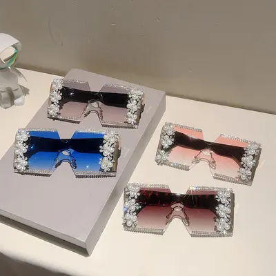 Rahmenlose große eckige Partysonnenbrille mit Strasssteinen - 5