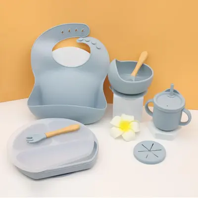 Silikon yemek tabağı bebek önlüğü bebek kasesi sofra takımı placemat kaşık çatal düşmeye karşı atıştırmalık bardak seti sınır ötesi hazır stok - 11