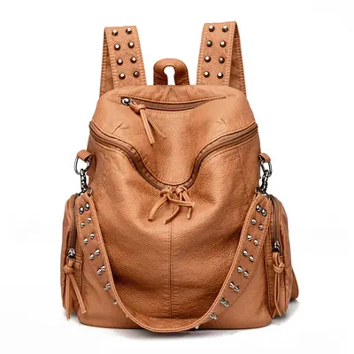 Rivet Washed Leather Backpack Large Capacity Multi-Pocket - 5