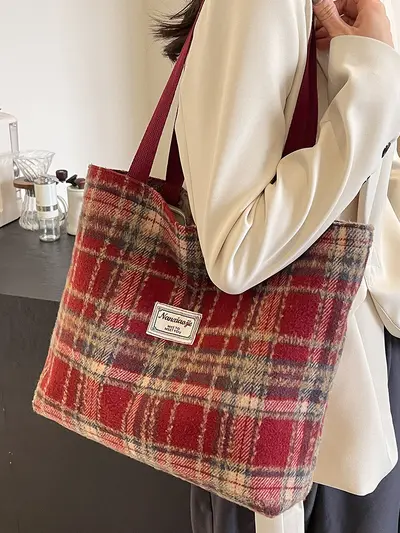 Large Capacity Plaid Bag 2026 New Autumn and Winter Woolen Plaid Shoulder Bag High-End Versatile Tote Bag