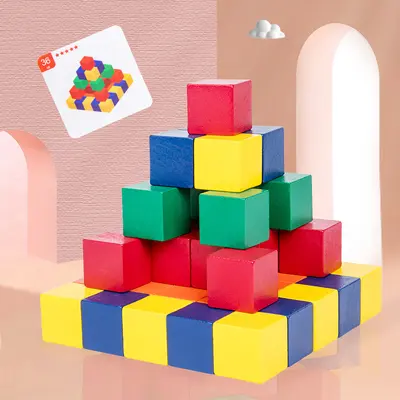 Wooden Building Blocks Set, Large Particles in Color Box, 3D Spatial Thinking Toy - 3