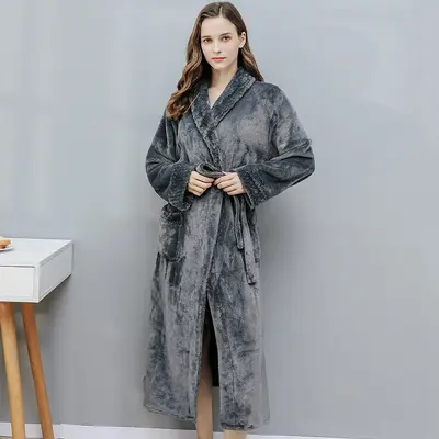 Damen-Nachthemd Herbst und Winter Lang Korallen-Fleece Plus Samt Verdickt Doppel-Bademantel Flanell Herren-Pyjama Winter Hauskleidung - 8